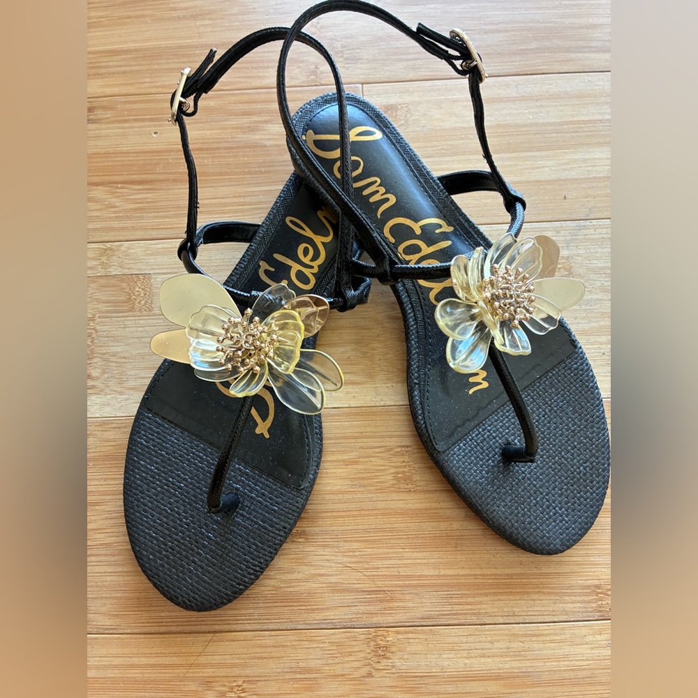 Sam Edelman Black Sandals with Gold Flower Detail